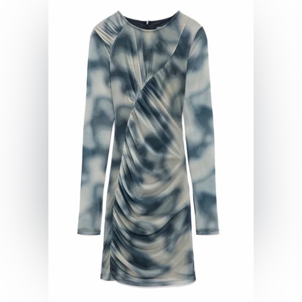 Zara Printed Tulle Long Sleeve Bodycon Dress Blue Size XS